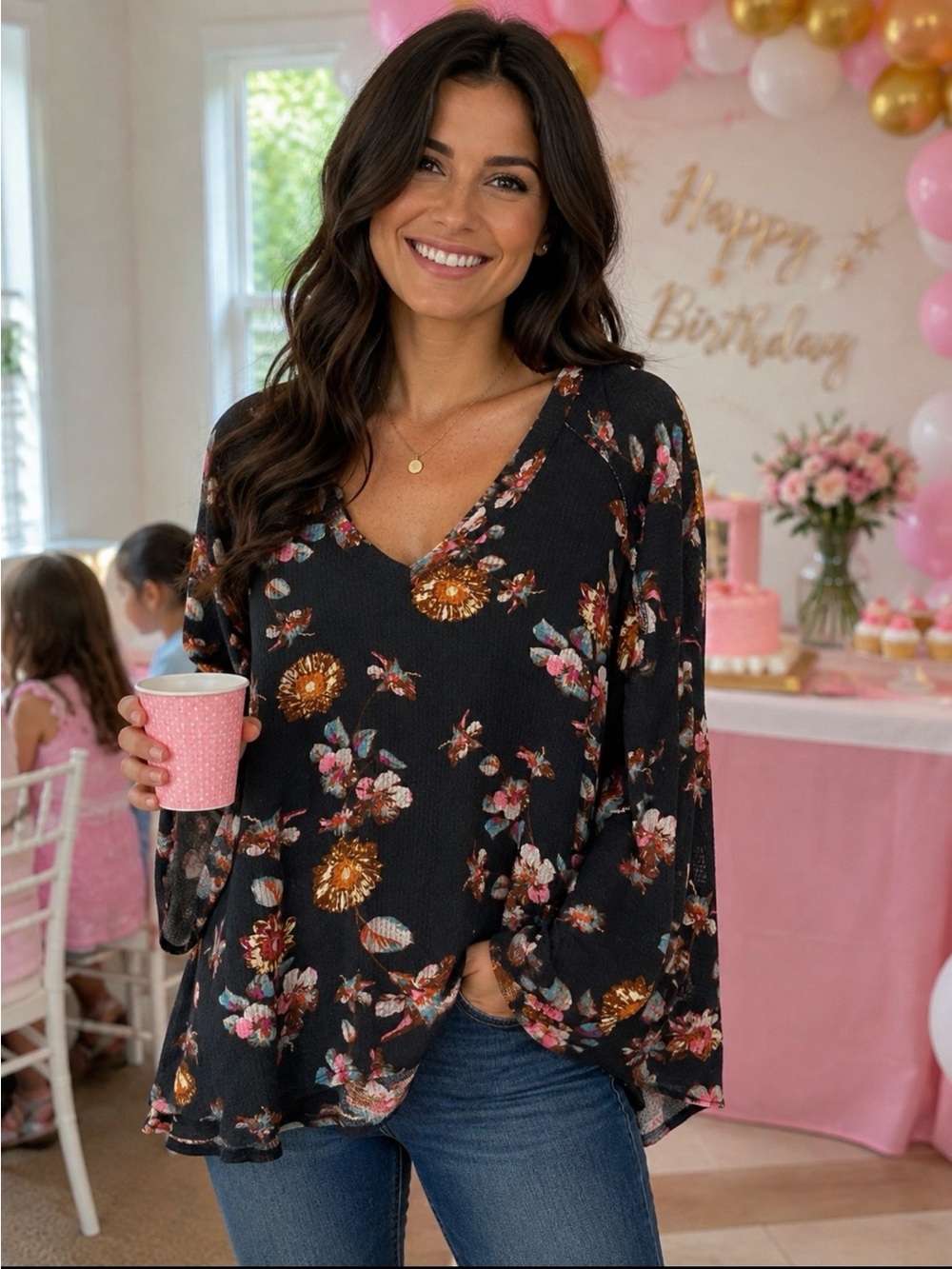 Crescent Dark Blue Floral V-Neck Long Sleeve Tunic